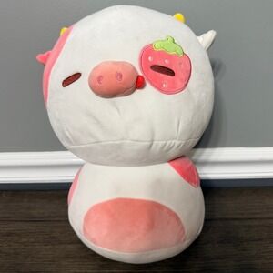Mewaii Strawberry Cow Plush Pink White Heart Kawaii Stuffed Animal 12 Inch